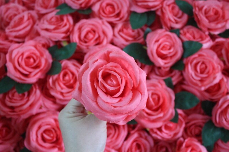 with leaves and long stems 10-100pcs Coral Silk Roses Head Artificial Roses Flower Head for Wedding Bouquets Wall Decoration Centerpieces