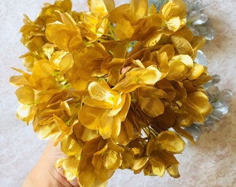 10pcs Artificial Silk Hydrangea in Gold or Silver ,Hydrangea flowers head for Wedding Ceremony Centerpieces Decorations with Stems