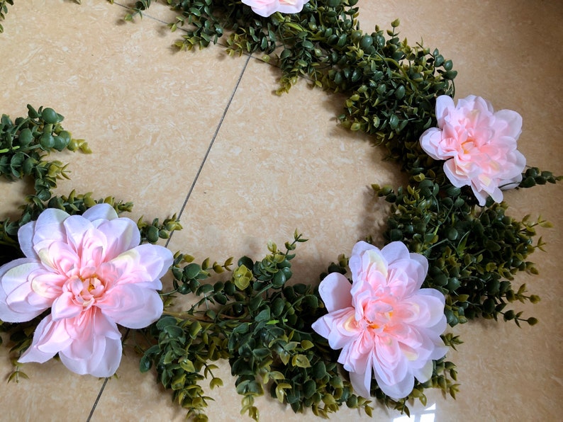 Artificial Eucalyptus Garland with Blush Dahlia Flowers Greenery Garland Eucalyptus Leaves Wedding Backdrop Wall Decor