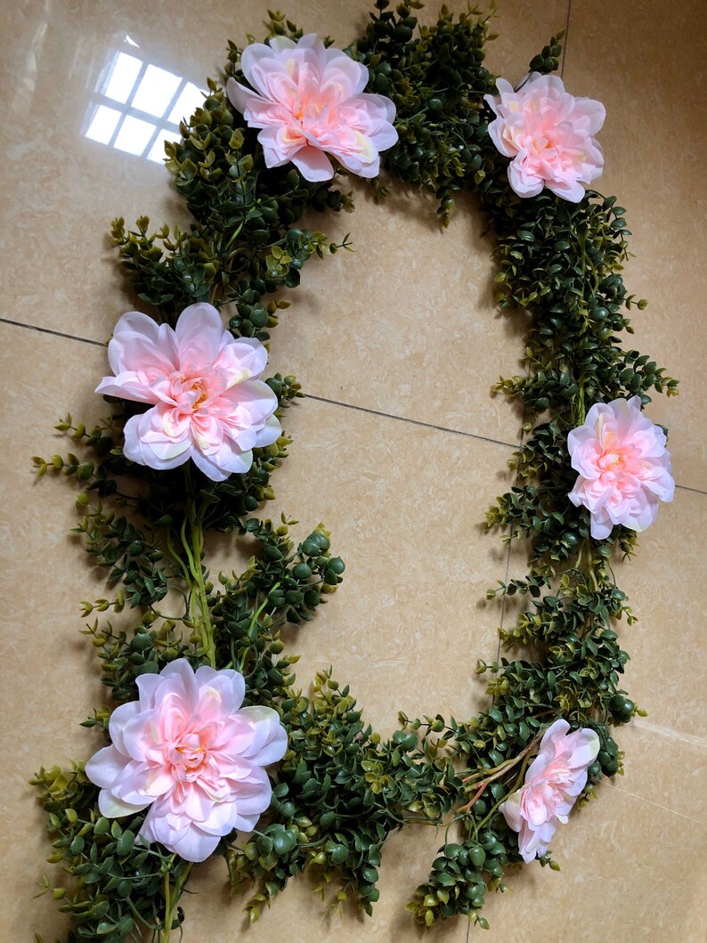 Artificial Eucalyptus Garland with Blush Dahlia Flowers Greenery Garland Eucalyptus Leaves Wedding Backdrop Wall Decor