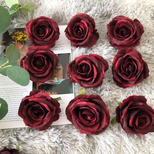 Wholesale 10-100pcs Artificial Roses Flowers,Roses Flowers Head, Burgundy Roses, Wine Red ,Velvet  Burgudny Rose Only for Wedding Bouquets