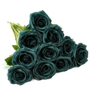 10pcs Emerald Green Rose with Long Stems, Artificial Silk Flowers Green Silk Flowers for Wedding Floral Leaf Centerpieces