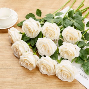 Ivory Artificial Roses, 10pcs High Quality Flowers with Stem, Wholesale Flowers for Wedding Bouquets Centerpieces Decor 10pcs /pack