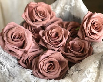 10-100 Stück Dusty Rose Künstliche Rosen Köpfe, 9cm Hochwertige Rosen Kopf, Dusty Roses Kopf Set Künstliche Blumen Faux Seide Rosen Hochzeit