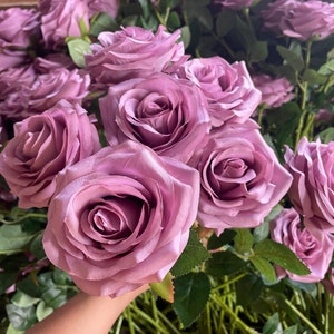High Quality Mauve Rose with Long Stems, Artificial Silk Flowers Mauve Flowerse for Wedding Bouquets Centerpieces Decor 10pcs
