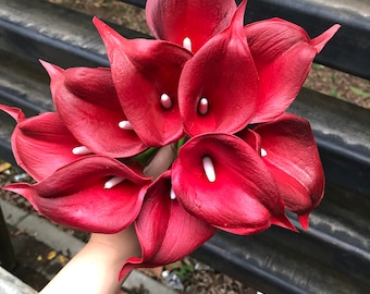 10pcs Burgundy Real Touch Calla Lilies Artificial Flowers Wedding Bridal Bouquet Home Décor Party Floral Arrangments