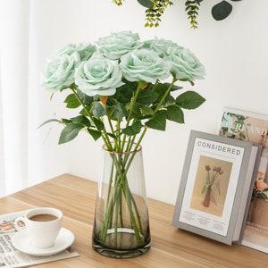 10pcs Sage Green Rose With Long Stems, Artificial Silk Flowers Green ...