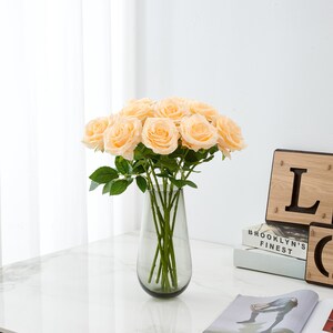 10pcs Champagne Silk Rose with Long Stems Artificial Silk Rose Champagne Silk Flowers for Wedding Floral Leaf Centerpieces