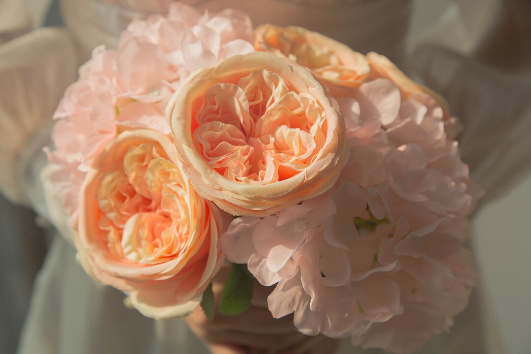 Artificial 3pcs Blush Silk Hydrangea 4pcs Peach Cabbage Roses Austin ...