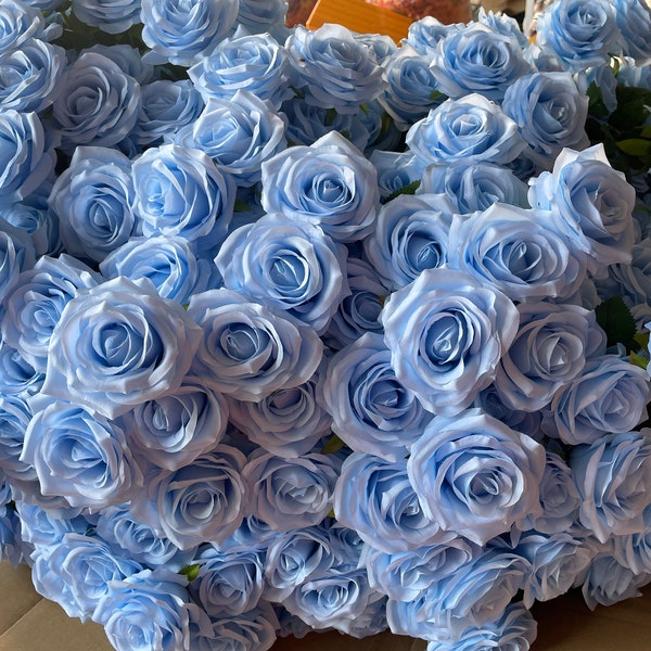 10pcs Blue Silk Rose with Long Stems Artificial Silk Rose Sky Blue Silk Flowers Roses for Wedding Floral Vase Party Centerpieces