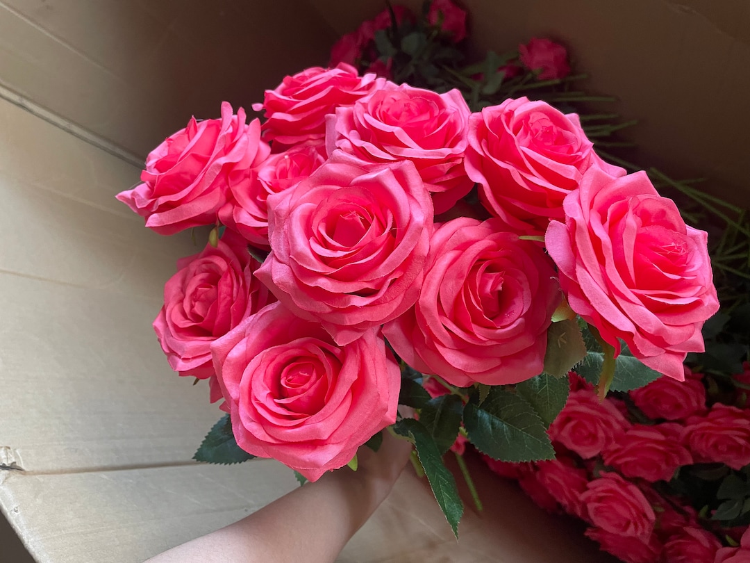 Watermelon Pink Rose With Long Stems, Artificial Silk Flowers ...