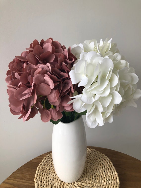 Fleur D'Hortensia Artificielle En Soie - Tige 88 Cm - 4 Grappes Marron/Blanc - Style Rustique Vintage