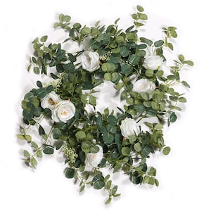 6FT Eucalyptus Garland with Ivory Flowers,Artificial Greenery Garland Eucalyptus Leaves for Wedding Backdrop Wall Decor