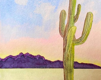 Sunny Sonoran Desert Landscape Art Print, Watercolor Painting, Warm Desert Colors Wall Art