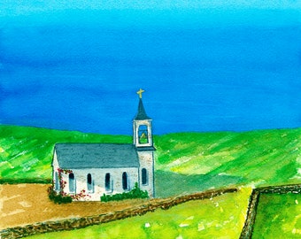 Classic White Church By The Seaside Art Print, Watercolor Painting, Vibrantly Colored Seascape