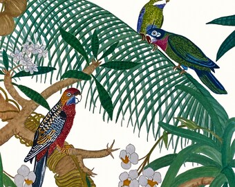 Tropical Birds In A Jungle Setting, Watercolor Art Print