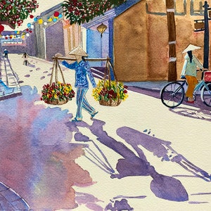Asian Street Scene Art Print, Watercolor Painting, Colorful Wall Art