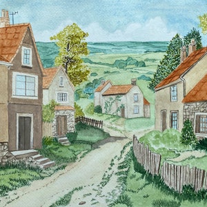 Quaint English Village, Watercolor Landscape Art Print