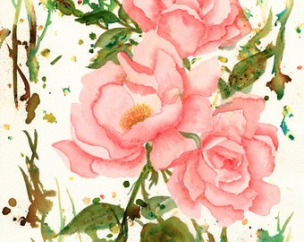 Romantic Watercolor Roses Art Print, Watercolor Painting, Pink Flower Wall Art