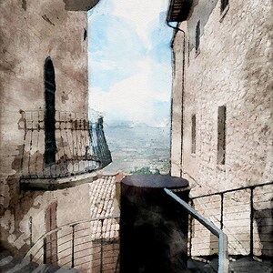 Hilltop Vista Medieval Italian Village Art Print, Digital Watercolor Painting, Tuscan Landscape image 5