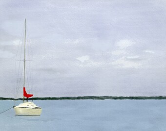 Sailboat Watercolor Art Print: Moored Seascape Painting