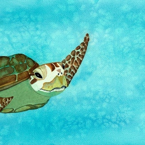 Friendly Sea Turtle Art Print, Watercolor Painting, Coastal Wall Art