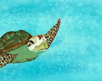 Friendly Sea Turtle Art Print, Watercolor Painting, Coastal Wall Art