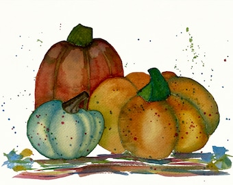 Festive Harvest Pumpkins, Watercolor Art Print