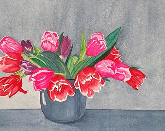 Red Tulips In Gray Vase Still Life Art Print, Watercolor Painting, Floral Wall Decor