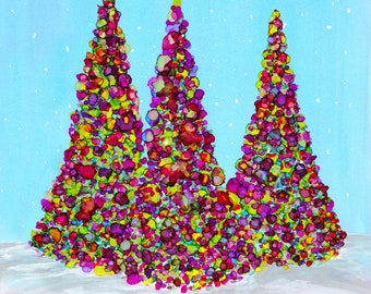 Glowing Christmas Trees In The Snow Art Print, Alcohol Ink Painting