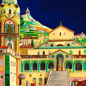 Positano Italy Travel Art, Saint Andrews Cathedral Amalfi Coast