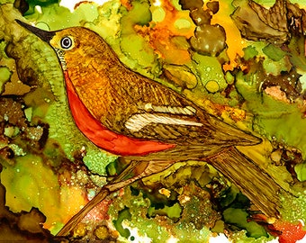 Baltimore Oriole Bird Art Print, Alcohol Ink Painting