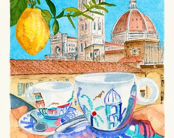 Coffee In Italy Art Print, Florence Duomo, Watercolor Painting