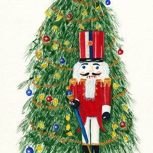 Nutcracker & Christmas Tree  Art Print, Toy Soldier, Watercolor Painting