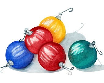 Christmas Tree Ornaments Art Print, Watercolor Painting, Colorful Glass Christmas Decoration Wall Art