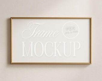 Slim Gold Frame Mockup 16x9 Ratio Minimal Wall Art Poster Display Horizontal Print or Samsung Frame TV Mockup PSD JPG Digital Download