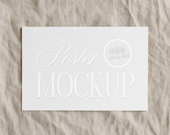 Mockup di poster orizzontale 3x2 su tessuto di lino neutro / Mockup di carta con paesaggio minimalista rustico per stampe artistiche da parete PSD JPG PNG