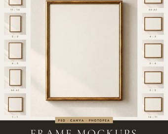 Gold Frame Mockup Bundle | Antique Gold Frame with Mat or Plain, 11 Ratios (22 PSD + Canva)