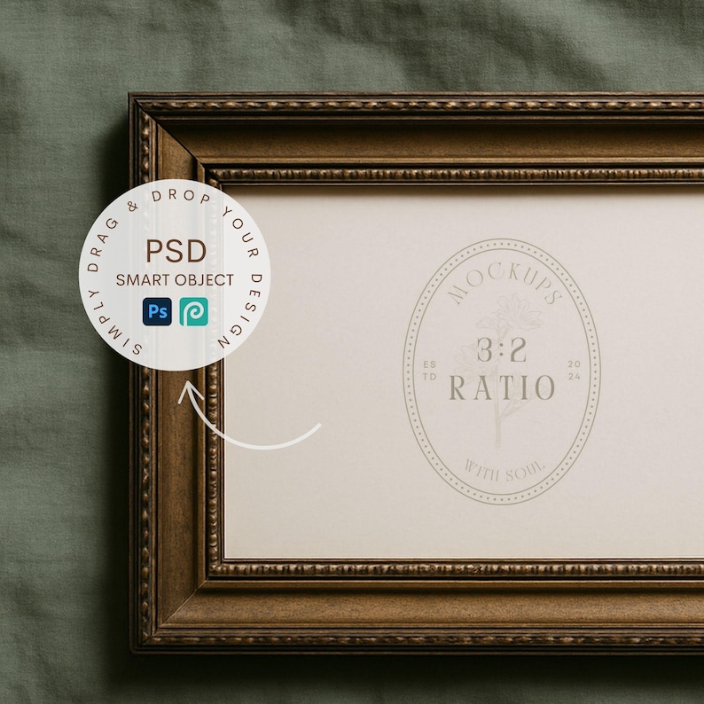 May include: An antique-style, gold-coloured picture frame with a cream-coloured interior. The frame has an intricate, textured design. A circular graphic with the text "PSD Smart Object" and "3:2 Ratio" is in the image.