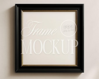 May include: Square black picture frame with a gold inner border. The frame has the words "Frame Mockup" in a light color across the center. A circle with the text "PDS JPG & PNG" is in the upper right corner.