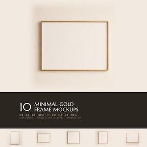 Pacchetto di 10 mockup di cornici dorate in formato PSD / Set di mockup minimalisti per poster da parete / 9 proporzioni, passepartout e dittico opzionali