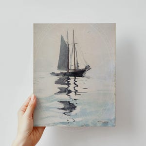 May include: A watercolour painting depicting a sailboat on a tranquil body of water. The sailboat has two masts and a white sail. The water is a pale blue colour and the sky is a light grey colour.