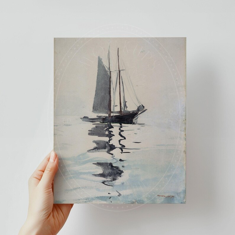 May include: A watercolour painting depicting a sailboat on a tranquil body of water. The sailboat has two masts and a white sail. The water is a pale blue colour and the sky is a light grey colour.
