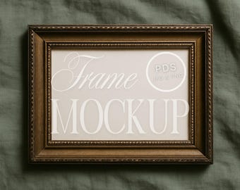 Maqueta de marco antiguo de 3x2 horizontal sobre tela verde / Maqueta de marco de fotos con ilustraciones vintage de Dark Academia para impresiones artísticas digitales PSD JPG PNG