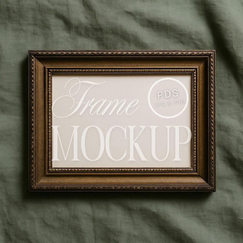 May include: A rectangular brown frame mockup with the words "Frame MOCKUP" in white script. The frame has a decorative border and a neutral background. The image includes a circle with the text "PDS JPG & PNG".
