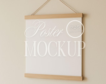 Hanging Poster Mockup Square Wooden Hanger Minimalist Wall Art Mockup for Print on Demand POD Artwork Display Printful Digital Download PSD