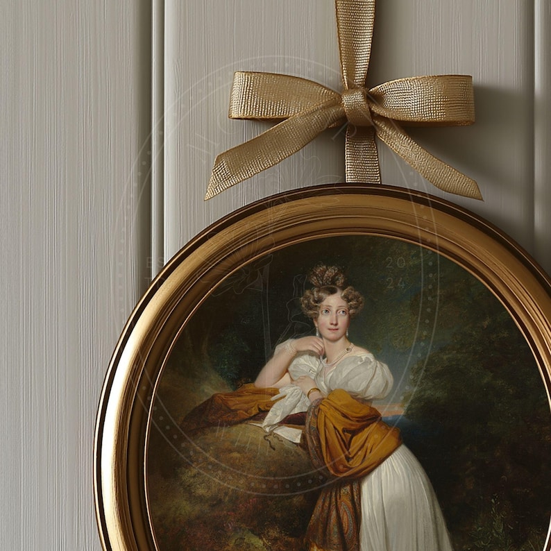 Oval Gold Frame Mockup with Bow Hanging Ribbon Frame Coquette Wall Art Vintage Digital Download Romantic Artwork Display image 5