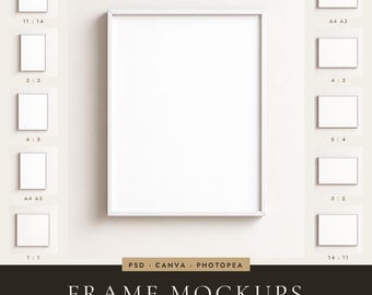 White Frame Mockup Bundle | Thin Minimal, Mat or Plain, 11 Ratios (22 PSD + Canva)