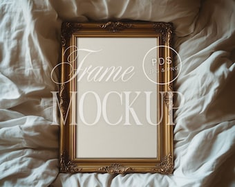 Antique Gold Frame Mockup 2x3 Ratio Vintage Ornate Frame Elegant Wall Art Mockup Classic Bedding Fabric Flat Lay Rococo Baroque Style