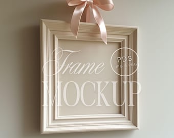 White Square Frame Mockup with Pink Bow for Feminine Art & Baby Nursery Wall Art Realistic PSD Artwork Display for Coquette Aesthetic Prints